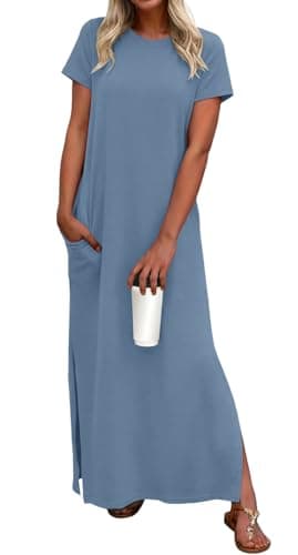 Lepunuo Womens Dresses Crewneck Short Sleeves Casual Split Wrinkle-Free Maxi Vacation Dress with Pockets A- Blue - Image 1