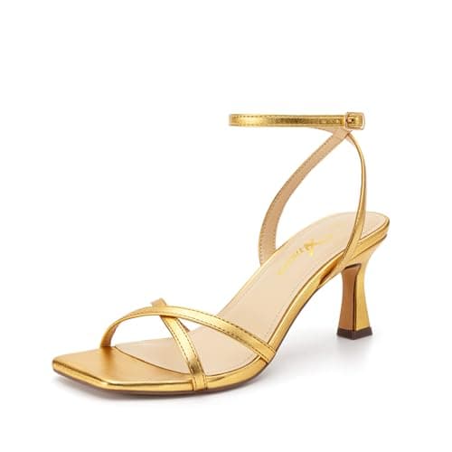 Athlefit Gold Kitten Heels for Women Square Open Toe Strappy Heeled Sandals Ankle Strap Party Dress High Heels for Prom Wedding Size 8.5 - Image 1