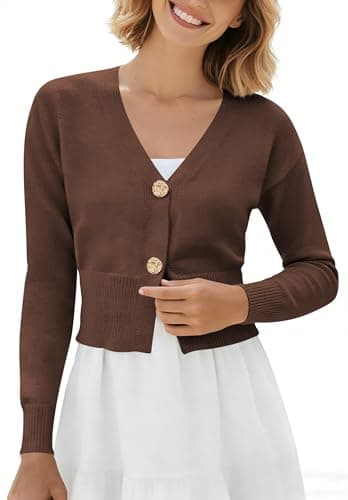 Women V Neck Brown Cardigan Sweaters Cropped Fitted Button Up Knit Cardigan Shrugs M - Thumbnail 3