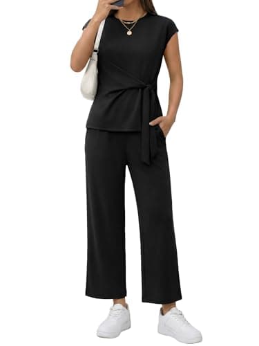 Casly Lamiit 2 Piece Pant Sets for Women 2026 Summer Vacation Outfits Lounge Set Short Sleeve Belted Tops Fashion Clothing Matching Set Casual Tracksuit Black XL - Image 1