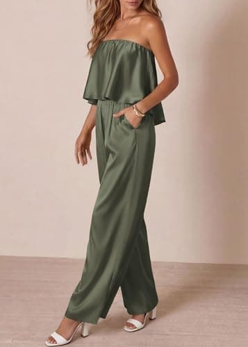 KIRUNDO Jumpsuits For Women Dressy 2026 Summer Satin Strapless Romper Flowy Tube Top Spring One Piece Vacation Outfits(Army Green, Small) - Thumbnail 5