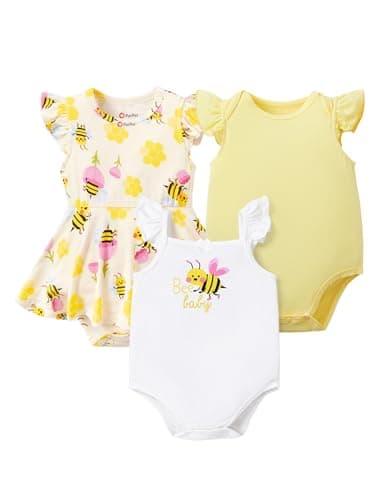 PATPAT Baby Girl Bodysuits 3 Pack – Organic Rayon Viscose for Bamboo Blend Infant Summer Rompers, Soft Breathable Outfits, Baby Clothing Essentials Registry Gift Newborn Infant Yellow-Bee 6-9 Months - Image 1
