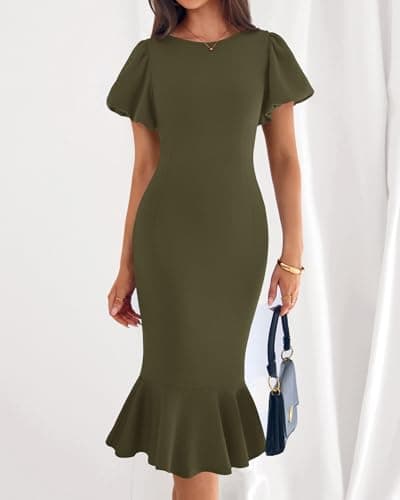 BTFBM Women Formal Wedding Guest Cocktail Dresses 2026 Short Sleeve Ruffle Mermaid Work Bodycon Elegant Midi Summer Dress(Army Green, XX-Large) - Thumbnail 2
