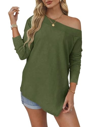 Tankaneo Womens Off The Shoulder Tops Casual Long Sleeve T Shirts Irregular Hem Split Tunics Loose Fall Blouse Shirt Army Green - Image 1