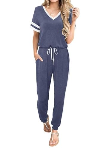 Magritta Women's Navy Blue Tracksuit Set Elegant V Neck Short Sleeve Tops & Drawstring Waist Joggers 2026 Lightweight Loose Casual LoungeWear M - Image 1