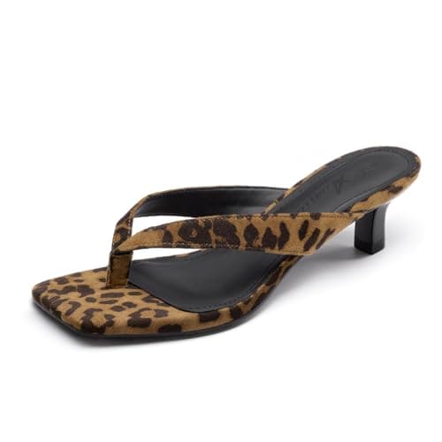 Athlefit Women's Kitten Heels Flip Flops Square Open Toe Low Heels Slip On Comfortable Suede Thong Sandals Leopard Leopard Size 9 - Image 1