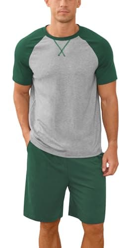 NITAGUT Mens Pajama Set Summer 2 Piece Loungewear Short Sleeve Pjs Sleepwear with Pockets Soft Comfy Nightwear, Green, Large - Image 1