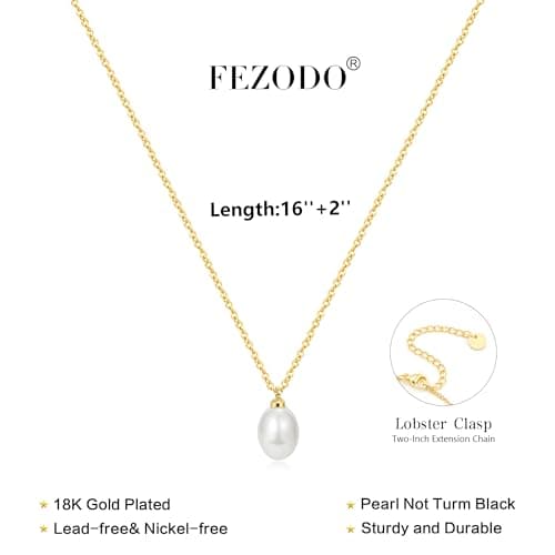 Fezodo Gold Pearl Necklace for Women, 18K Gold Plated Dainty Single Pearl Necklaces for Women Trendy Simple Pearls Drop Penandt Necklace Gold Necklace for Women Wedding Pearls Jewelry - Thumbnail 5