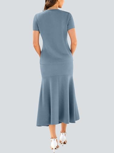 Casly Lamiit 2 Piece Outfits for Women Spring Lounge Short Sleeve Midi Skirt Sets Pockets Airport Beach Vacation Clothes Blue Grey S - Thumbnail 4