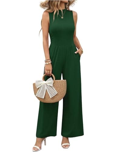 Ekouaer Summer Jumpsuits for Women Casual Mock Neck One Piece Outfits Sleeveless Formal Wide Leg Pants Romper with Pockets - Image 1