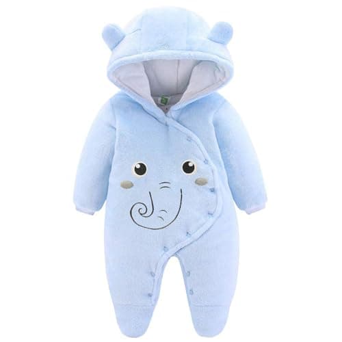 JiAmy Newborn Baby Winter Hooded Romper Fleece Snowsuit Jumpsuit Cartoon Elephant Outfits Blue 9-12 Months - Image 1