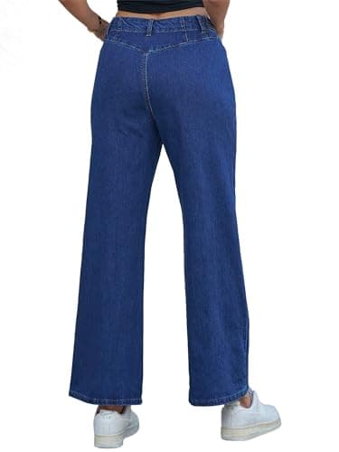 PEIHOT Wide Leg Jeans for Women High Waisted Straight Leg Stretchy Jeans Seamed Paneling Denim Pants Fall Dark Blue - Thumbnail 6