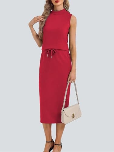 Casly Lamiit Two Piece Outfits for Women Summer Midi Skirt Set Casual Mock Neck Sleeveless Matching Sets Women Clothing Red L - Thumbnail 6