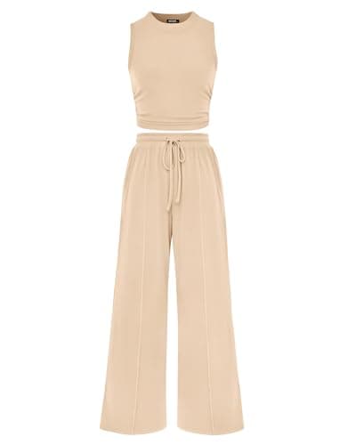 BTFBM Summer Outfits For Women 2026 Cropped Sleeveless Tank Tops Wide Leg Pants 2 Piece Sets Beach Lounge Set Clothing(Apricot, XX-Large) - Image 1
