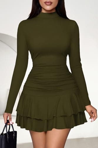PRETTYGARDEN Womens Spring Long Sleeve Dresses 2026 Mock Neck Ruched Y2K Clothes Ruffle Layered Bodycon Mini Party Dress(Army Green,Small) - Thumbnail 6