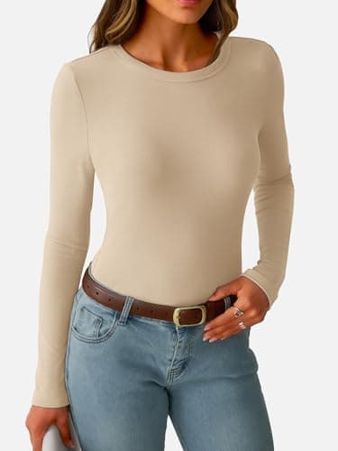 GKBK Ribbed Long Sleeve Shirts for Women Fitted Basic Tight T-Shirts Crewneck Cute Layering Tops Lightweight Fall Sweaters 2026 Fashion Clothes Outfits Apricot - Thumbnail 2