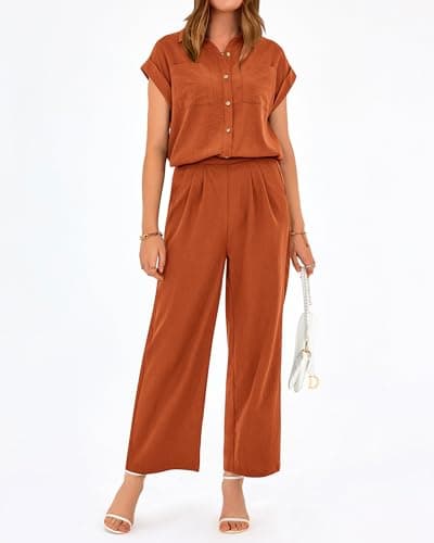 PRETTYGARDEN Womens 2 Piece sets Summer Cap Sleeve Tops Palazzo Pants Dressy Casual Vacation Travel Outfits Tracksuits(Brick Red,Large) - Thumbnail 5