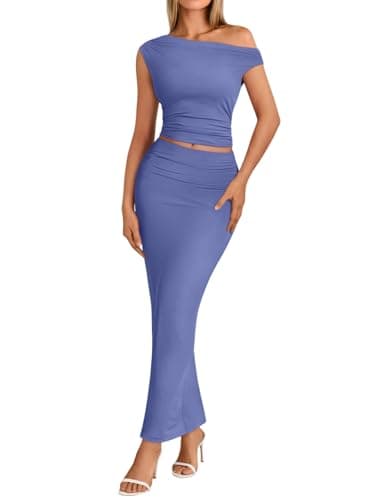 Trendy Queen Skirt Sets Women 2 Piece Going Out Dressy Outfits 2026 Summer Sexy Maxi Bodycon Dresses Off Shoulder Cute Crop Tops Vacation Spring Wedding Guest Party Cocktail Y2k Clothes Blue M - Image 1