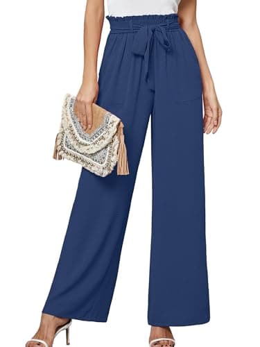 Heymoments Women's Wide Leg Pants with Pockets Dark Blue Small Lightweight High Waisted Tie Knot Paperbag Dressy Palazzo Loose Paper Bag Comfy Business Casual Work Flowy Trousers - Image 1