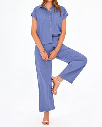 PRETTYGARDEN Womens 2 Piece sets Summer Cap Sleeve Tops Palazzo Pants Dressy Casual Vacation Travel Outfits Tracksuits(Blue,X-Large) - Thumbnail 6