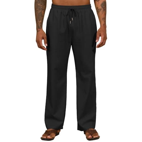 ZAFUL Men's Linen Casual Pants - Elastic Waist Drawstring Lightweight with Pockets for Summer Beach A-Black - Image 1