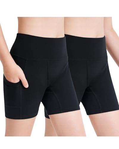 Stelle Girls 4" Bike Volleyball Shorts with Pockets Youth Athletic Yoga Dance Gymnastics Compression(Black+Black,M) - Image 1