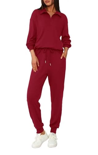 BTFBM Women's 2 Piece Tracksuit Spring Outfits 2026 Long Sleeve Half Zip Sweatshirt Sweatpants Lounge Set Sweatsuits(Solid Wine Red,Medium) - Image 1