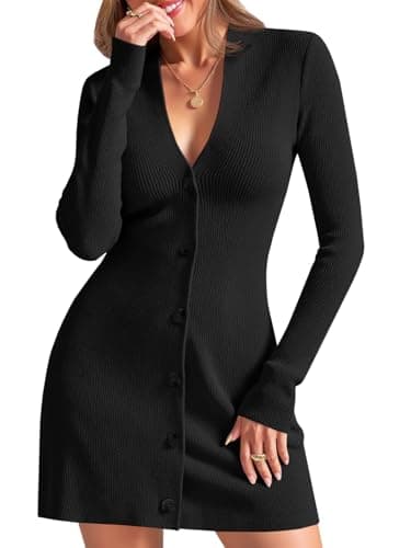 Wenrine Womens Deep V Neck Sweater Dress Sexy Knit Button Down Long Sleeve A Line Fall Mini Dresses Black - Image 1