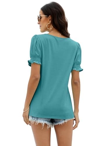 WIHOLL Womens Shirts 2026 Summer Trendy Business Casual Short Sleeve Cute Tops Date Night Concert Festival Outfits Clothes Graphic Basic Tee Blue L - Thumbnail 4