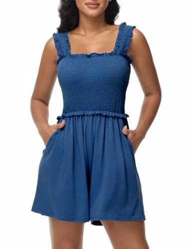 Tanou Women's Summer Sleeveless Shirred Rompers Square Collar Ruffle Straps Flowy Short Jumpsuit with Pockets Blue M - Image 1