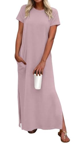 Lepunuo Women Casual Sundresses Short Sleeve Crewneck Split Maxi Beach Dress Travel Vacation Summer Outfits - Image 1