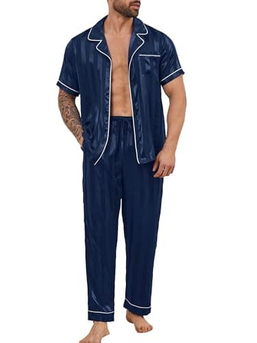 DEARCASE Mens Satin Silky Pajama Set Navy Blue Stripe Medium Short Sleeve Soft Sleepwear Button Down Loungewear Long Pants with Pockets and Drawstring