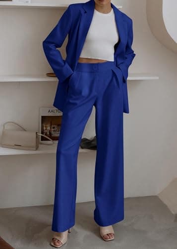 KIRUNDO Women Suits 2 Piece Set Business Casual Dressy Oversized Blazer Jacket and Wide Leg Dress Pantsuits Formal Outfits(Royal Blue, X-Large) - Thumbnail 6