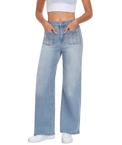 MARIASHA Wide Leg Jeans for Women, High Waist Stretchy Baggy Jeans, Blue Washed Denim Pants with Dual Pockets - Image 1