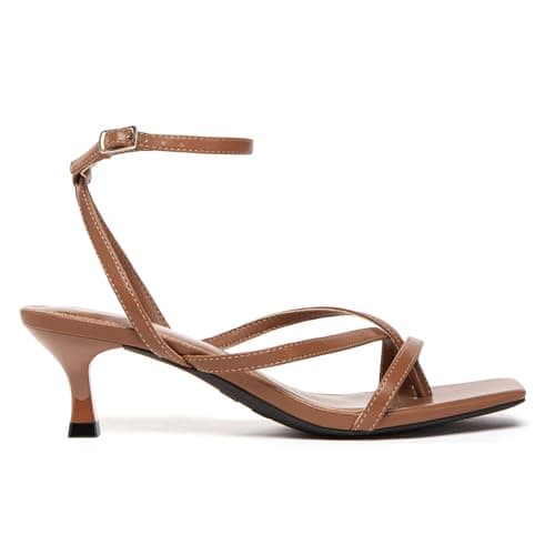 Athlefit Women's Strappy Kitten Heels Square Open Toe Low Heels Ankle Strap Fashion Party Dress Thong Heeled Sandals Dark Brown Size 8.5 - Thumbnail 3