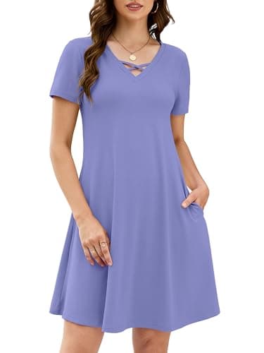 KORSIS Women's Mini Dresses Summer Casual T-Shirt Short Sleeve Criss Cross V Neck Swing Soft Loose Beach Party Vacation midi Soild Dress with Pockets (S-2XL) Purple Gray - Image 1