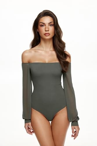 REORIA Womens Going Out Off The Shoulder Sheer Mesh Puff Long Sleeve Thong Bodysuit Tops Grayish Green Medium - Thumbnail 3
