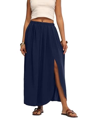 HiMONE Women Maxi Skirt with Side Slit Flowy A Line Elastic Waist Lightweight for Vacation Everyday Wear Navy Blue - Image 1