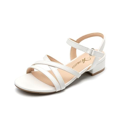 Athlefit Girls White Sandals Low Heels Open Toe Flower Girl Summer Dress Easter Shoes for Party Wedding Size 11 Little Kid - Image 1
