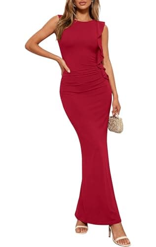 PRETTYGARDEN Women's Summer Maxi Dresses 2026 Sleeveless Ruffle Formal Wedding Guest Cocktail Party Bodycon Split Long Prom Dress(Red,L) - Image 1