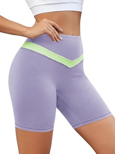 Aoysky Womens High Waisted 6" Buttery Soft Biker Shorts Color Block Workout Yoga Athletic Butt Lifting Lounge Shorts Purple