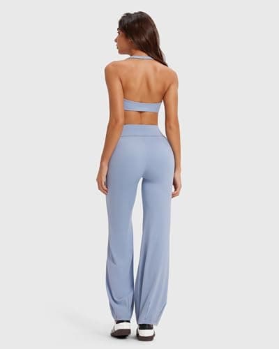 MOOSLOVER Women Bubble Yoga Pants Drawstring Fold Over Flare Leggings Pilates Casual Lounge Pant(L,Blue) - Thumbnail 5