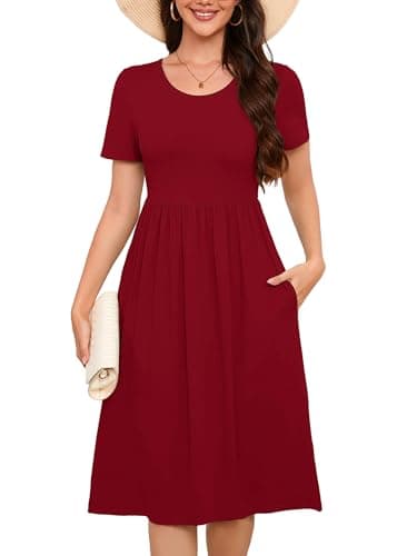 DEARCASE Summer Dresses for Women Burgundy XX-Large Short Sleeve A Line Summer Casual Midi Sundress Wedding Guest Flowy Swing Cocktail Slimming Birthday Party Spring Travel Long Dress with Pockets - Image 1