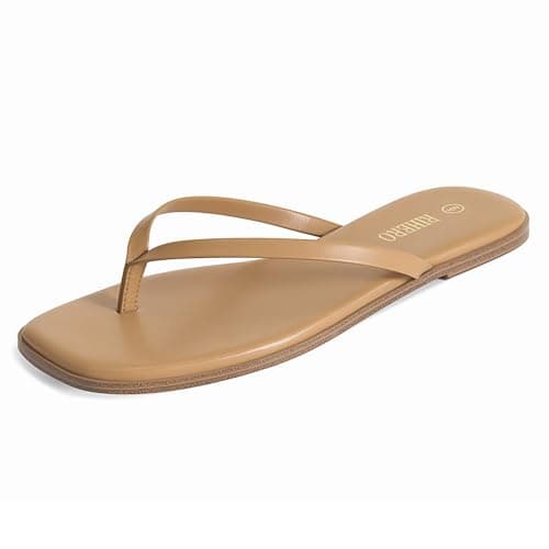 Rihero Flip Flops for Women Dressy Beach Sandals Wide Width Square Toe Comfort Slip On Thong Flat Sandals Taupe Size 5.5 - Image 1