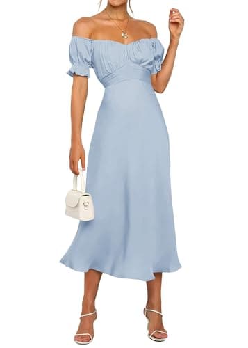 KIRUNDO Women's 2026 Spring Summer Satin Wedding Guest Midi Dress Off The Shoulder Wrap Party Cocktail Formal Prom Dresses(Brilliant Blue, Small) - Image 1