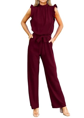 KIRUNDO Jumpsuits For Women Dressy Summer One Piece Sleeveless Ruffle Mock Neck Belt Pockets Formal Wide Leg Pants Romper(Wine Red, Large) - Image 1