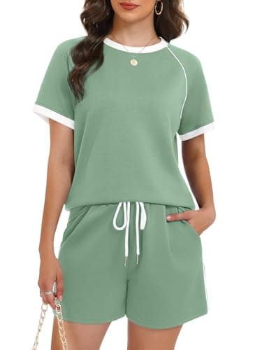 Casly Lamiit Two Piece Sets for Women Travel Airport Outfits Summer Short Sleeve Top Color Block Shorts Spring Casual Lounge Set Pea Green 2XL - Thumbnail 2