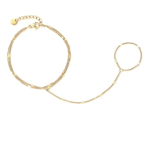 Fnionvn Gold Bracelets for Women Hand Chain Bracelet Stack Stainless Steel Non Tarnish Jewelry Dainty Womens Bracelets Indian Hand Chains Trendy Handchain 2 Layer Link Bracelets for Women - Image 1