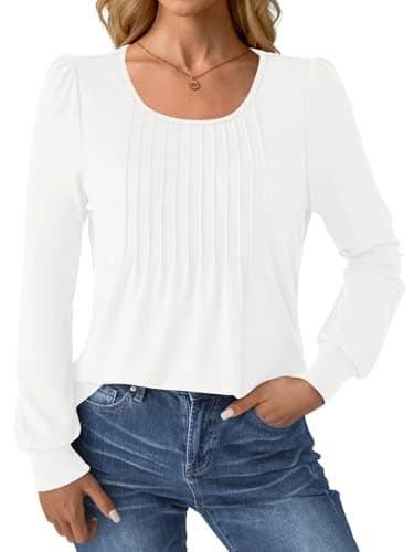 GKBK Women Long Sleeve Shirts Fall Tops Dressy Pleated Scooped Neck Tunic Tops for Leggings White M - Thumbnail 2