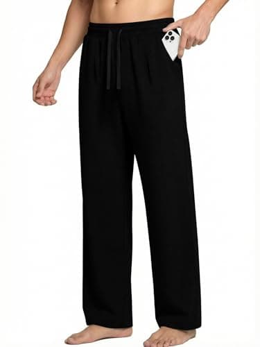 Crastimo Men's Yoga Pants Loose Straight Leg Elastic Adjustable Drawstring Waist Lightweight Casual Sweatpants Workout Running Sports Daily Wear Black L - Image 1